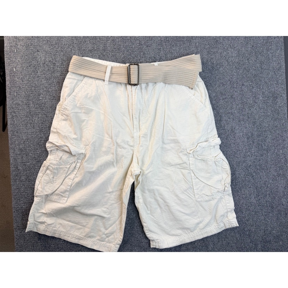 Beverly Hills Polo Club Mens 34 White Cotton Ripstop Cargo Shorts Belted Casual